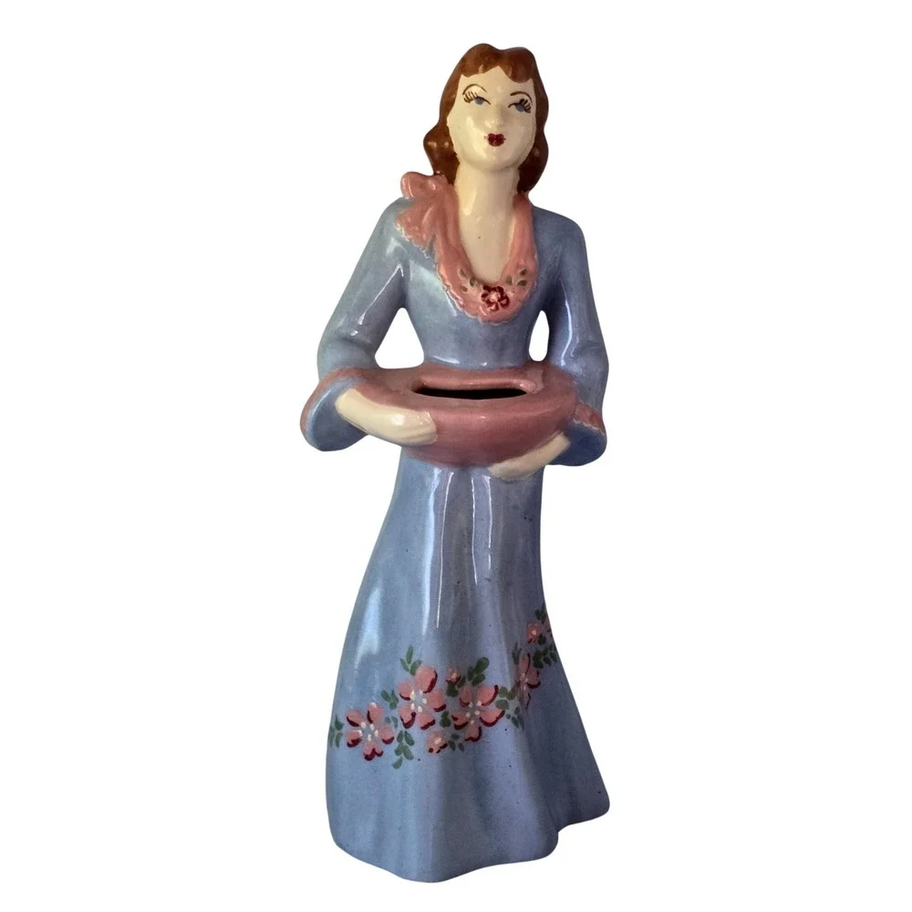 Vintage Lady Vase Blue Dress Pink Floral 1940-50's Weil Ware California 3053 MCM